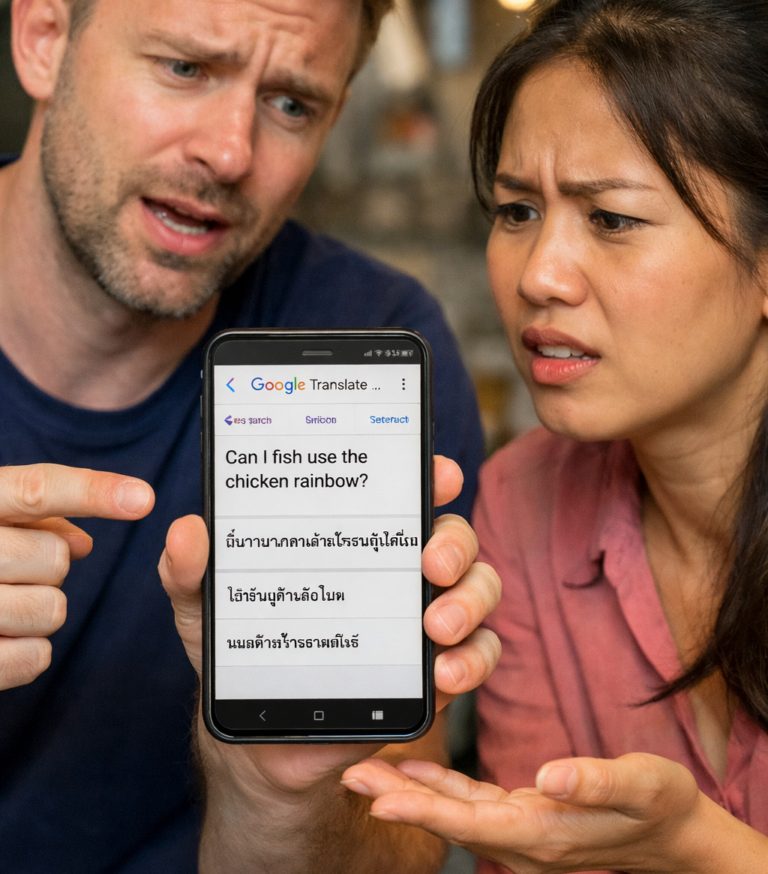 A confused couple looking at a nonsense Google Translate result on a phone